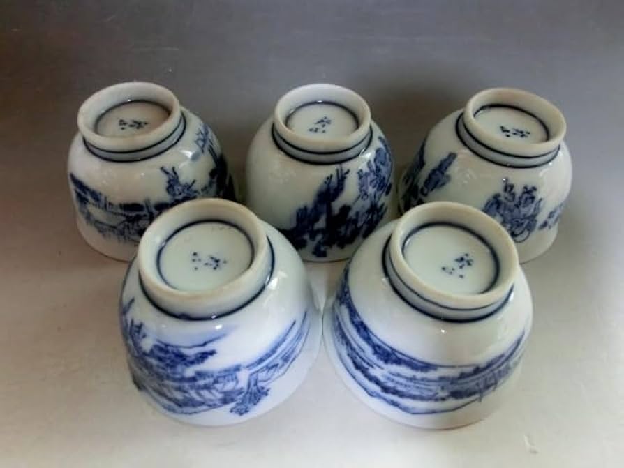 煎茶器セット□染付絵変わり煎茶道具 東海道五十三次 横手急須 煎茶碗