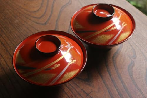 塗キズ有！優美な塗分けに極上木芙蓉蒔絵の映えるお椀2点（検輪島塗京