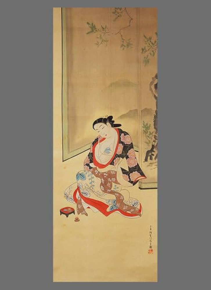 宮川長春 絖本：美人画 浮世絵 掛軸 宮川長春絖本：美人画 浮世絵掛軸