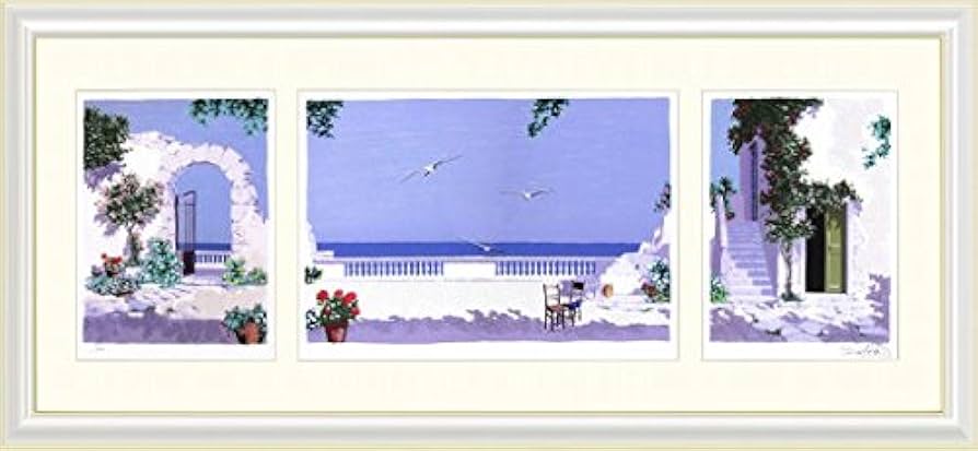 サルボ「エーゲ海 パノラマ」ミクストメディア 直筆サイン入 額装