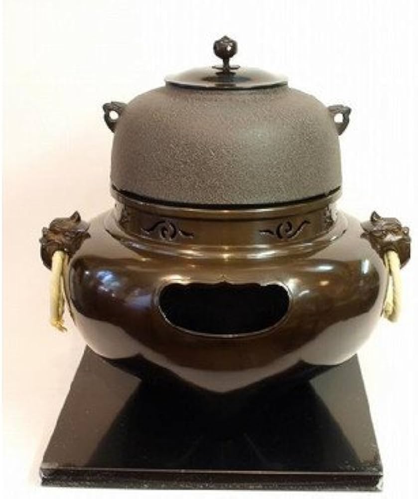 ほぼ未使用 茶道具 唐銅製 野々田面取風炉 古銅色 電熱器 敷板 2点