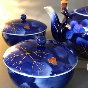 1765 深川製磁葡萄瑠璃茶器セット急須1客湯呑蓋付5客