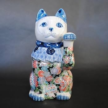 花柄陶器製招き猫 作家作品 花柄の陶器製招き猫 作家作品 花