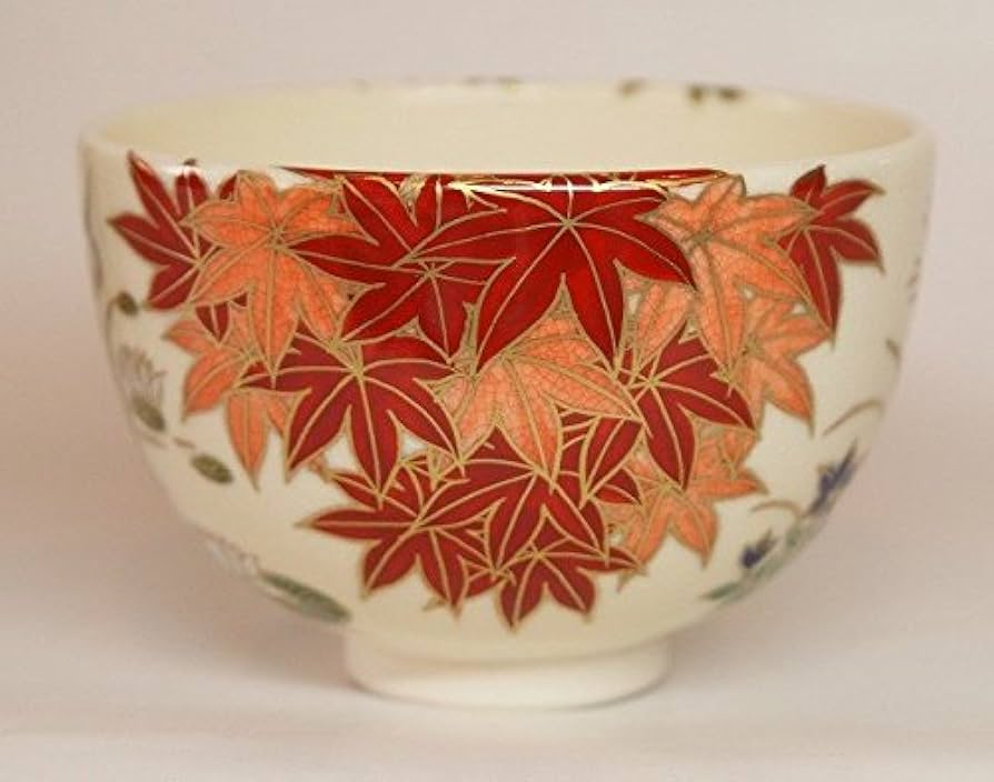 古美味 清閑寺窯 杉田祥平造 色絵扇面四季草花ノ画茶碗 茶道具