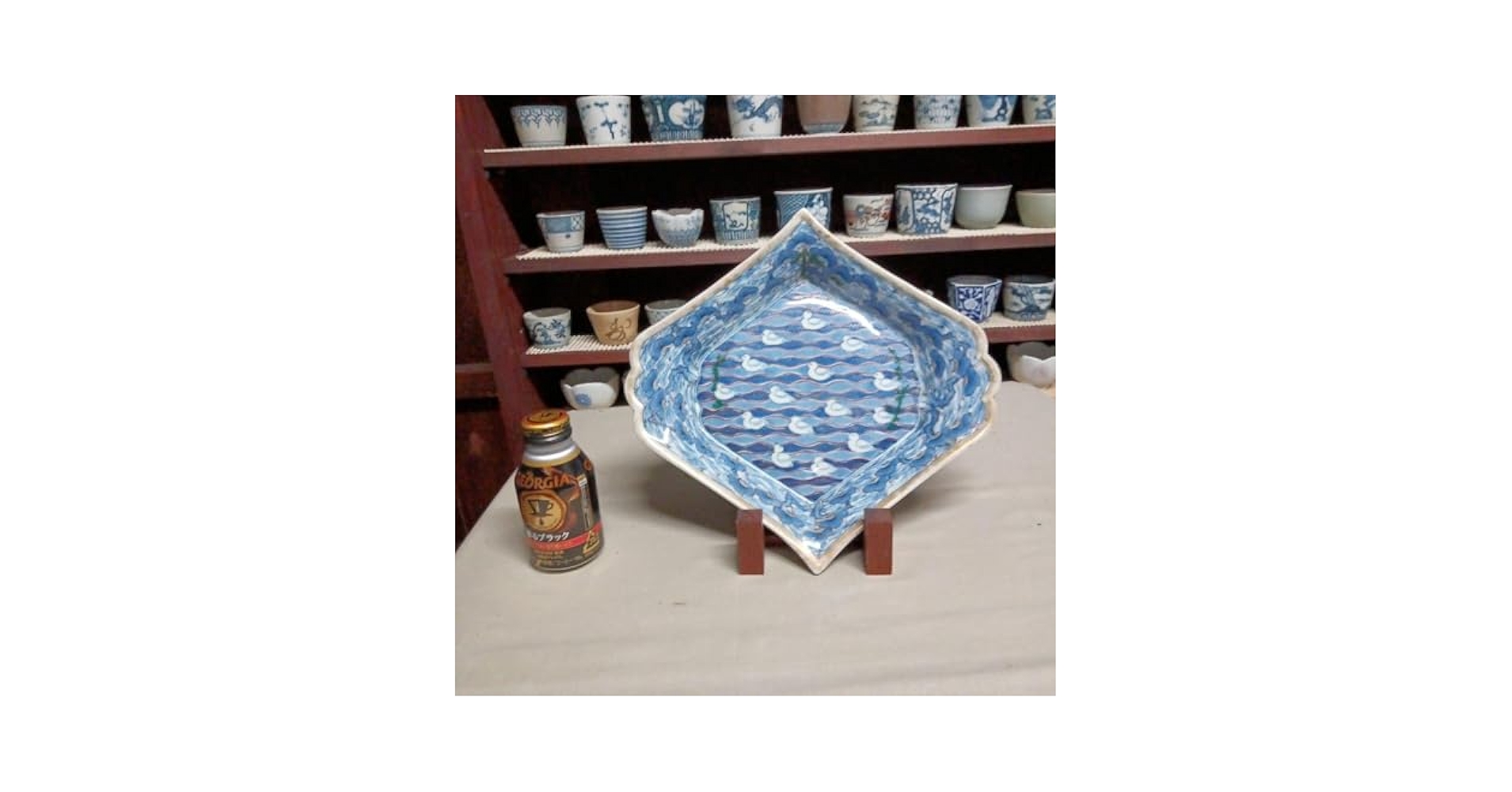 古伊万里 色絵染付 珍品 五葉松縁 波千鳥文 擬宝珠型皿 変形皿