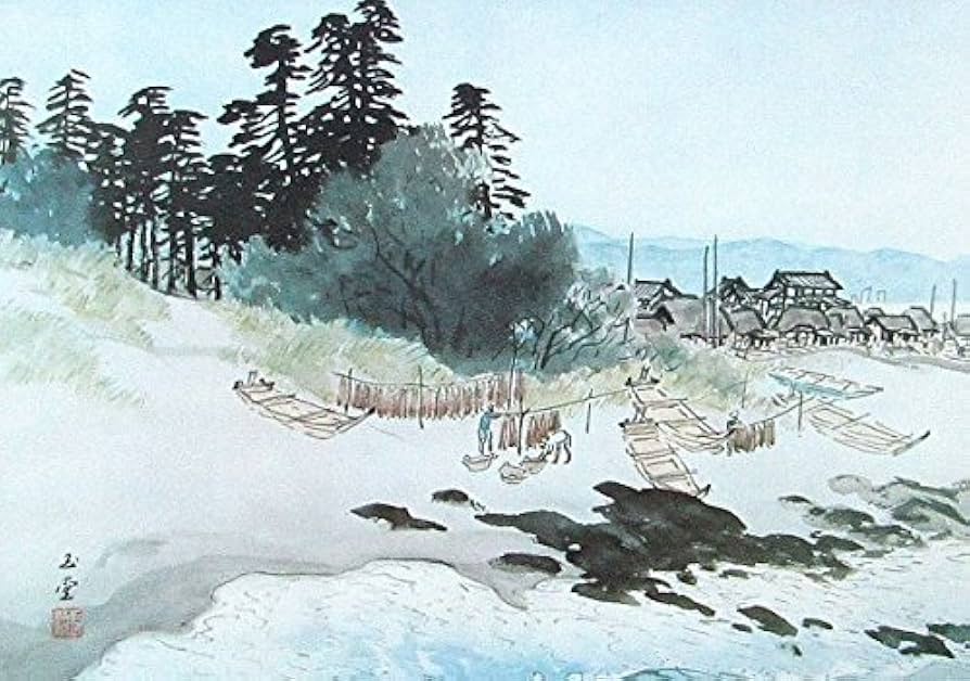水墨画 掛軸 海辺の風景