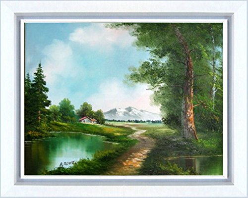 A・ROWE『小屋へ続く道(F20号)』油彩画 風景画 森林 池