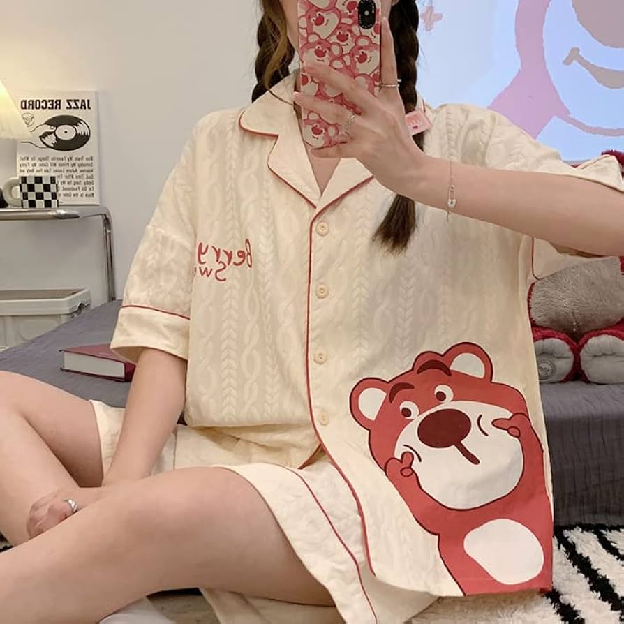 Amazon.co.jp: 夏のパジャマ女性ジャカード綿カートゥーン開襟