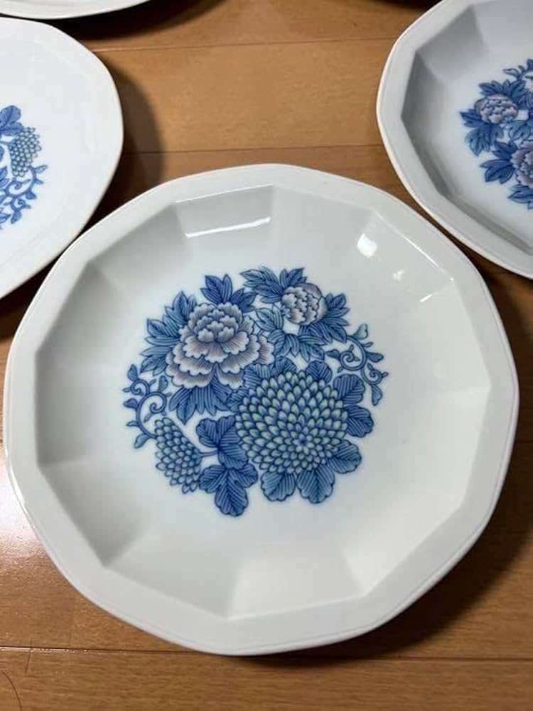 433 希少深川製磁 『色絵菊牡丹』方割和皿 5客未使用