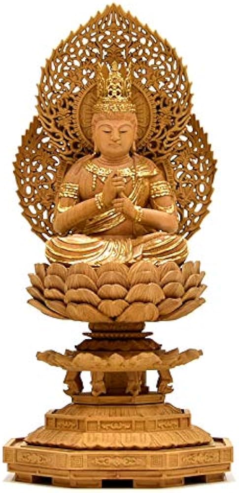 Amazon｜木彫り仏像 【大日如来】 二重火炎光背八角台 肖楠木 眼入切金
