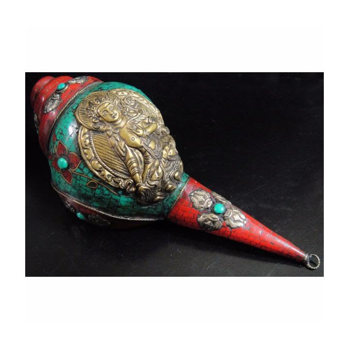 ◇チベット密教法具 法螺貝（シャンカ）グリーンターラー（緑多羅菩薩