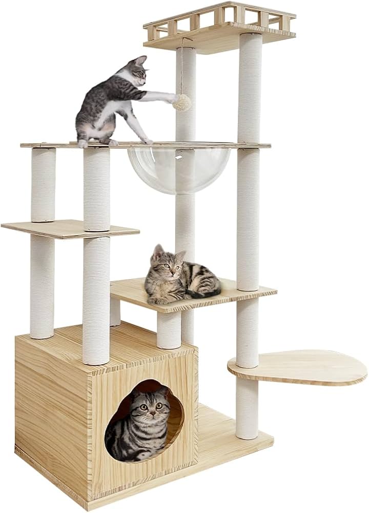 Amazon | 日本メーカー RAKU 木製キャットタワー 透明宇宙船 多頭飼い