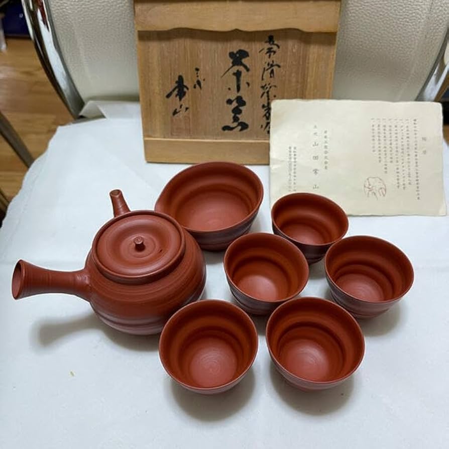Amazon.co.jp: 人間国宝 三代山田常山作 常滑焼朱泥茶器セット 玉露