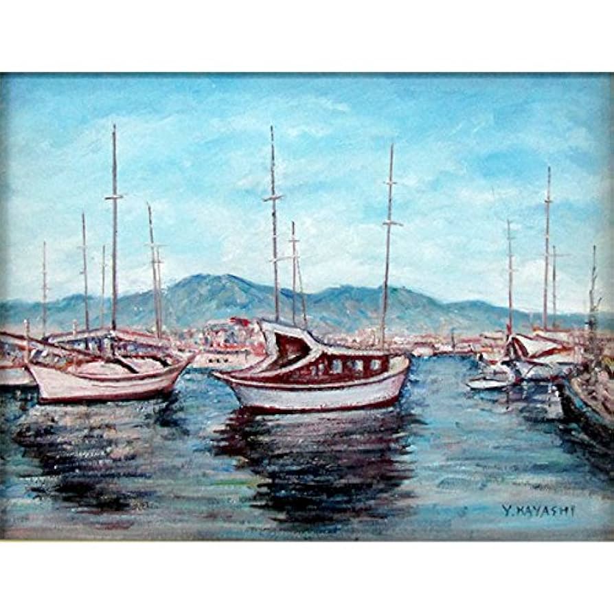 W. Chan 油彩画 船と港の風景 W. Chan 油彩画 船と港の風景 W. Chan