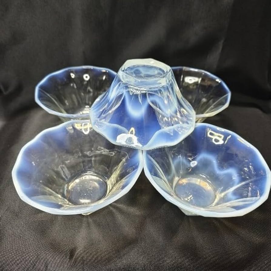 ウランプレスガラス 乳白×水色 氷コップ、小鉢×5 アンティーク ウラン