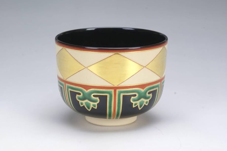 七代高橋道八造 仁清写色絵金彩菱之図茶碗 共箱
