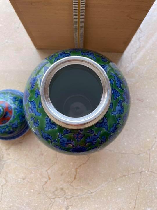 源右衛門 茶壺 希少】源右衛門窯 館林源右衛門 緑彩唐草文 錫口 茶壺