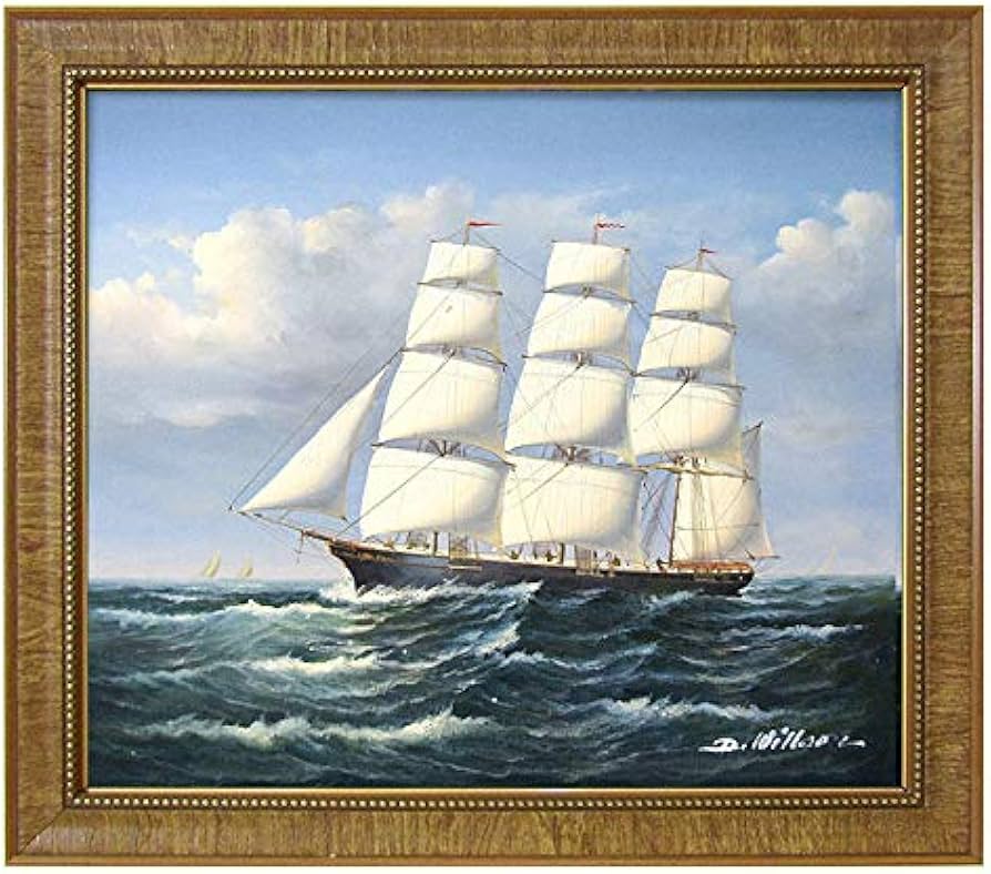 油絵 帆船 大海原 真作】絵画 油彩6号 大海原を駆ける帆船 青空と波の