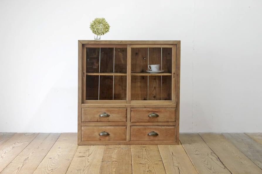 Amazon.co.jp: レトロ戸棚食器棚収納キャビネットガラス引き戸引き出し