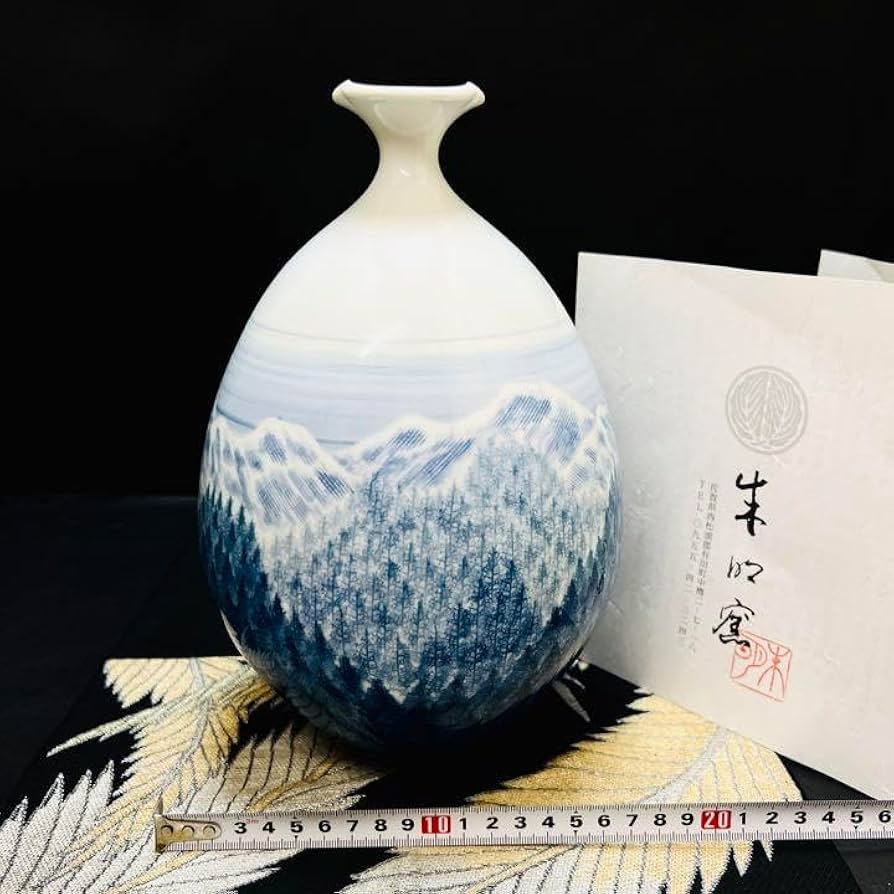 日展作家 藤井朱明作 染付 山景色 花入 共箱 立札付 花瓶 日展作家