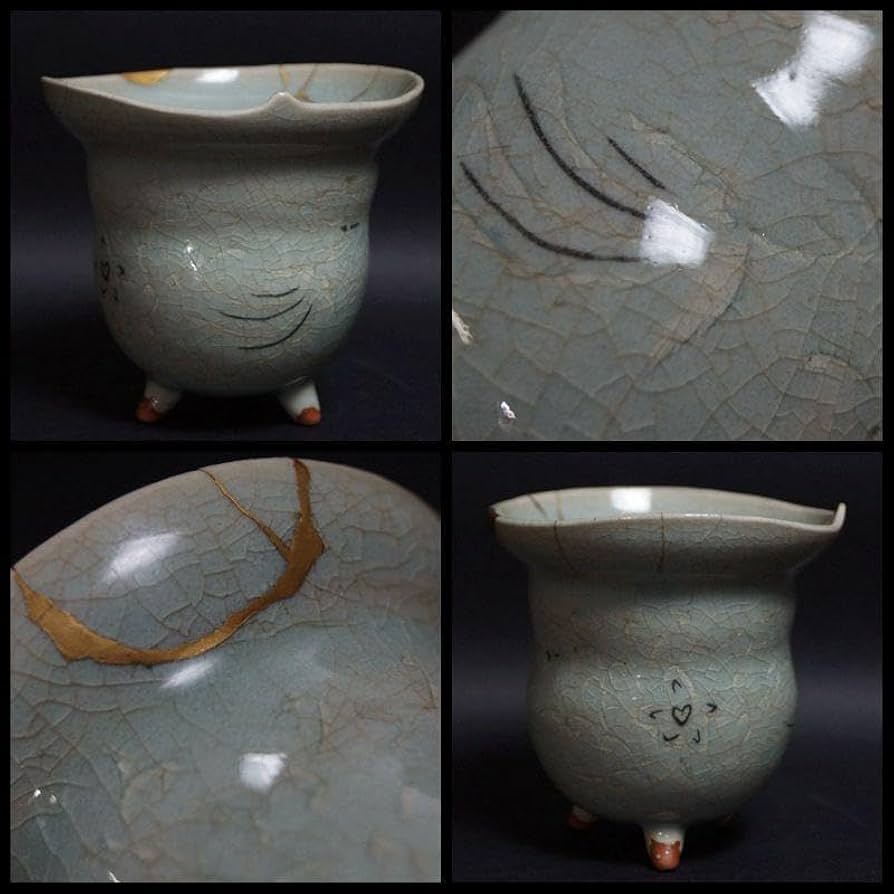 茶道具 李朝 高麗青磁象嵌『雲鶴文』広口香炉 三足 金継ぎ 書道具