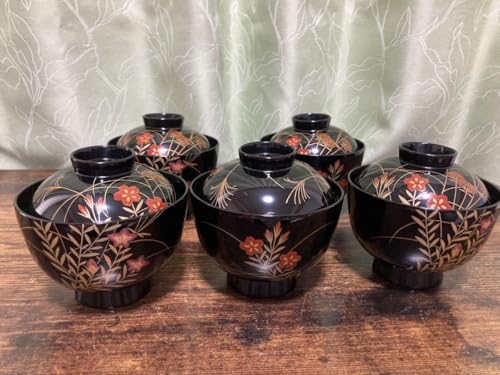 木製漆器 菊花蒔絵 黒塗 椀 五客 漆芸 茶懐石 会席道具 草花【MA286