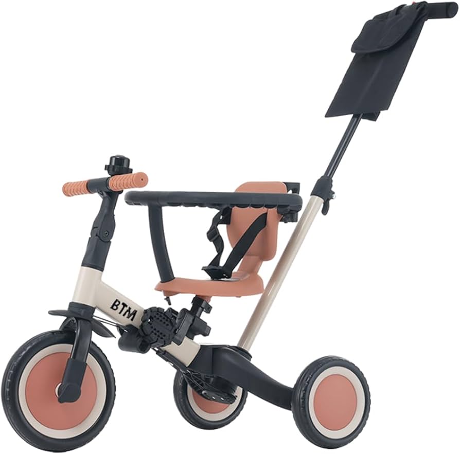 BTM 三輪車 手押し 舵取り棒 ベビーカー 自転車本体 グレー 屋根付き