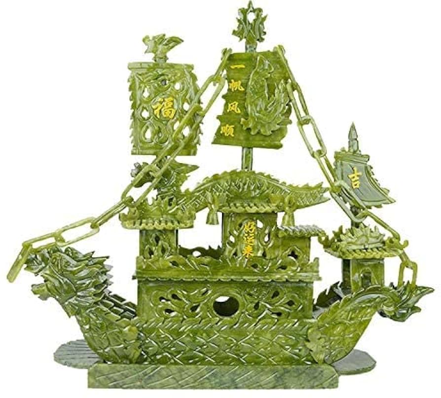 伝統工芸士 斉藤本晴作 インド翡翠 『宝船 』彫刻置物 伝統工芸士 斉藤