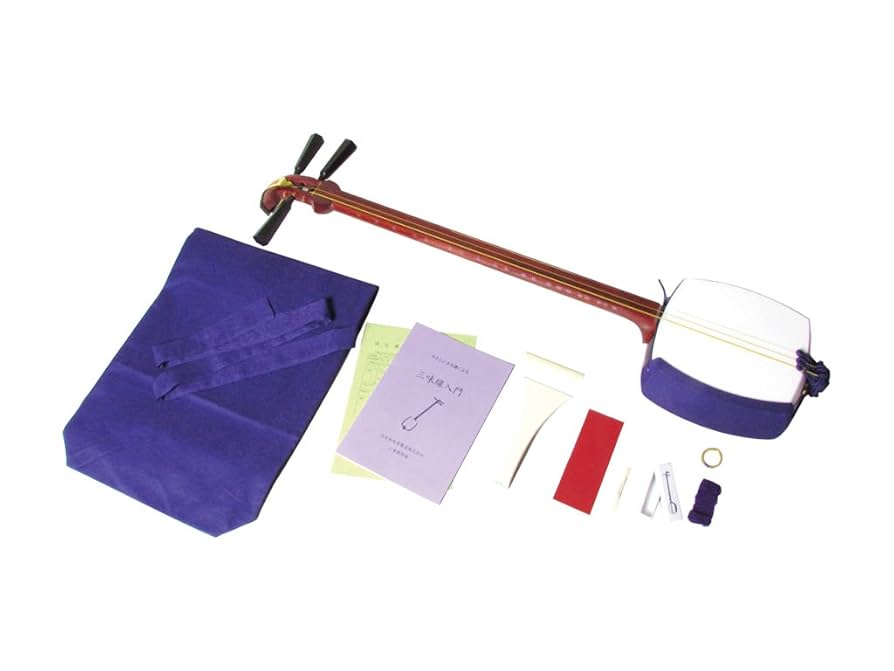 三味線中棹東さわり紅木1本溝糸まき素六破れ有りハードケース付き