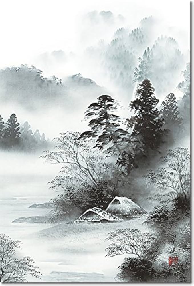 真作】掛軸 山水画 滝図 水墨画 静謐な風景 松と渓流の風景 R179 真作