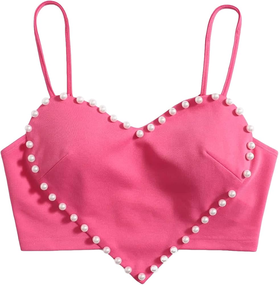 WDIRARA Women's Cami Heart Pearl Crop Top Sparkly Outfits Hot Pink
