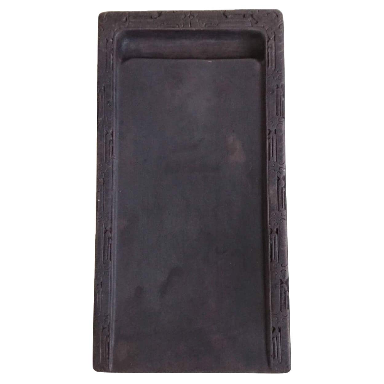 □端渓硯□饕餮文彫琢の長方硯□玳瑁班・青花・金線□約8吋□古い合木