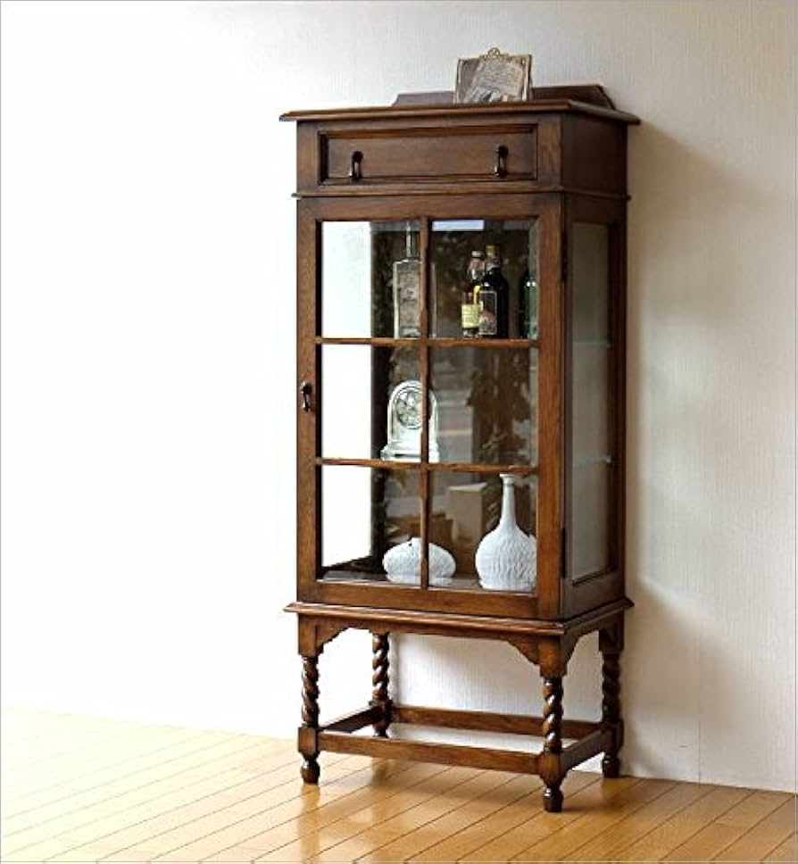 木製キャビネット ダークブラウン ガラス扉 本棚 アンティーク