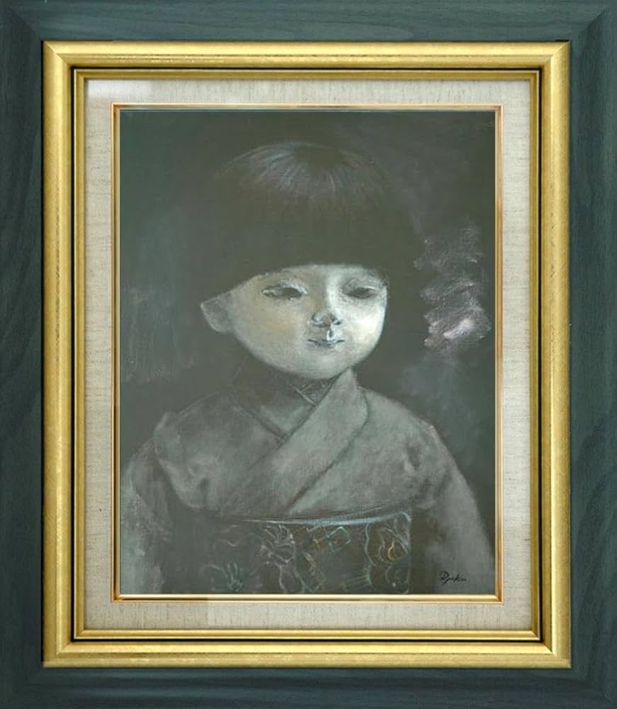 絵画 インテリア 額付(黒) 油絵 F6-080118 市松人形 日本人形 絵画