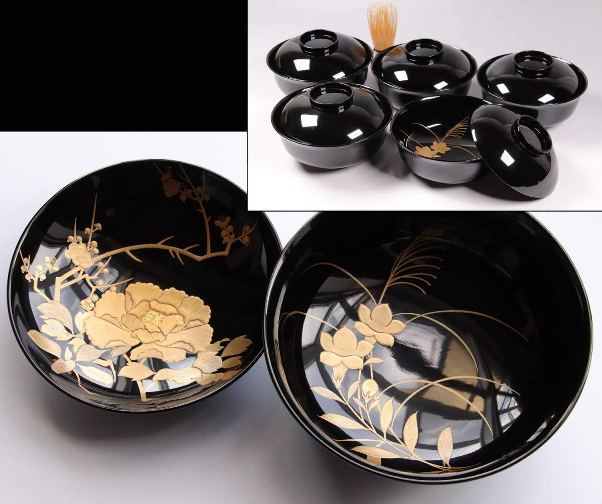 MA21 加賀蒔絵 鶴亀・宝尽くし 金蒔絵 盃・盃台 朱塗 黒塗 木製漆器 木