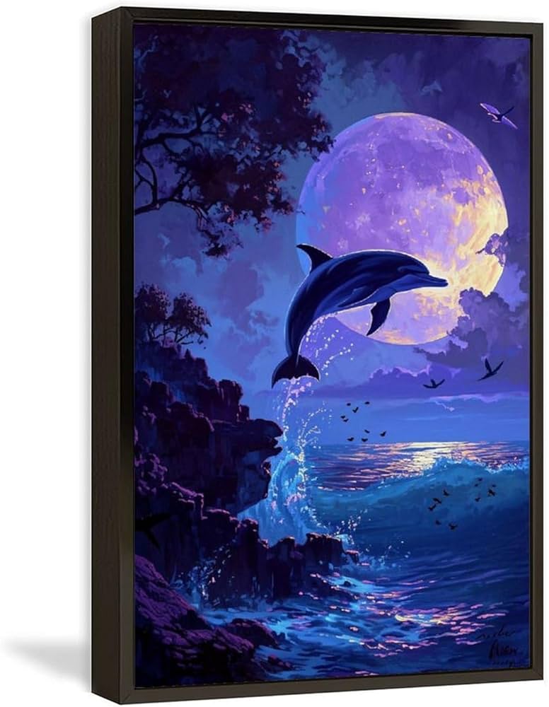 美しい満月の夜】アクリル画 F6 風景画 絵画 動物画 海の絵 3