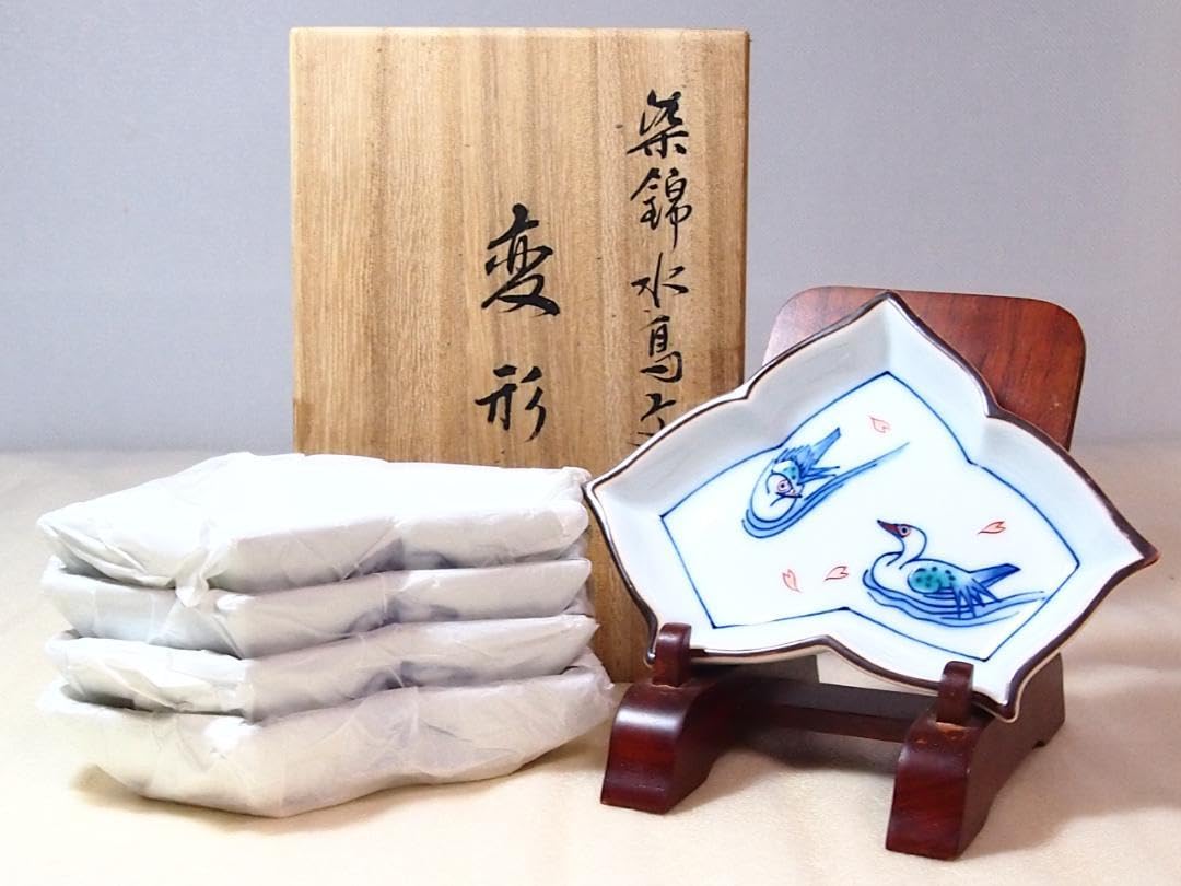 Amazon.co.jp: 有田焼 十四代 辻常陸 染錦水鳥文 変形皿5客 銘々皿菓子
