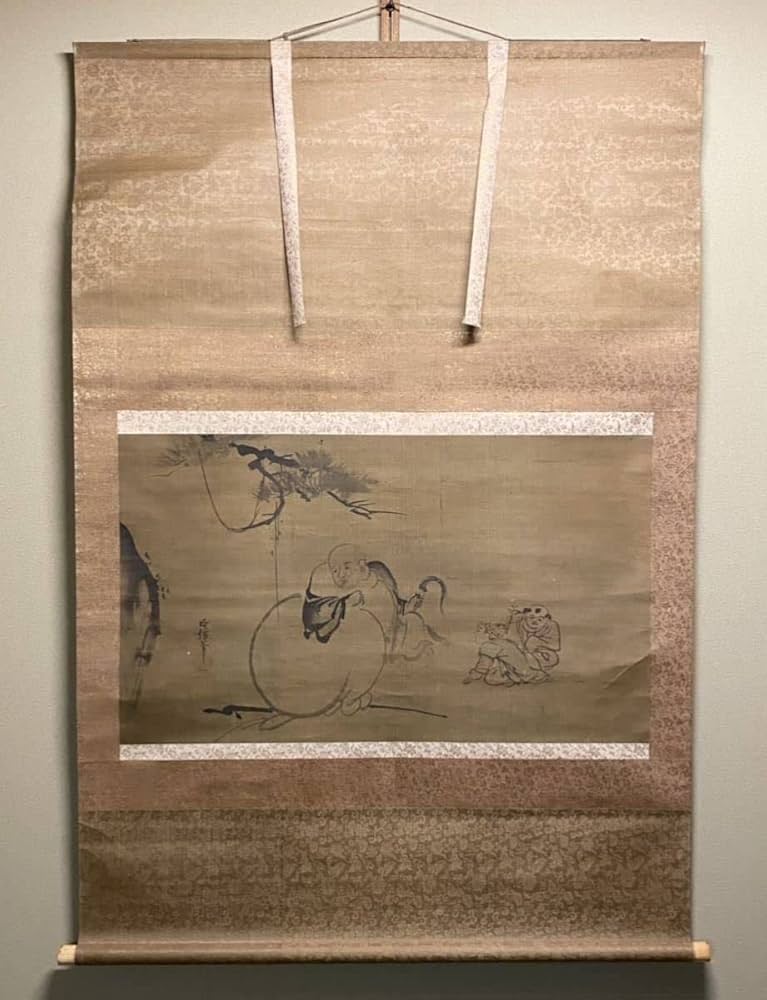 狩野探信 絹本着色 七福神之図 軸先木 箱無 掛軸一幅