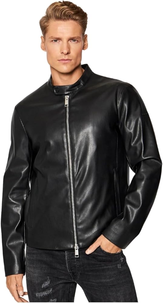 Armani Exchange Men's Fitted Full Zip Eco Leather Jacket, Black