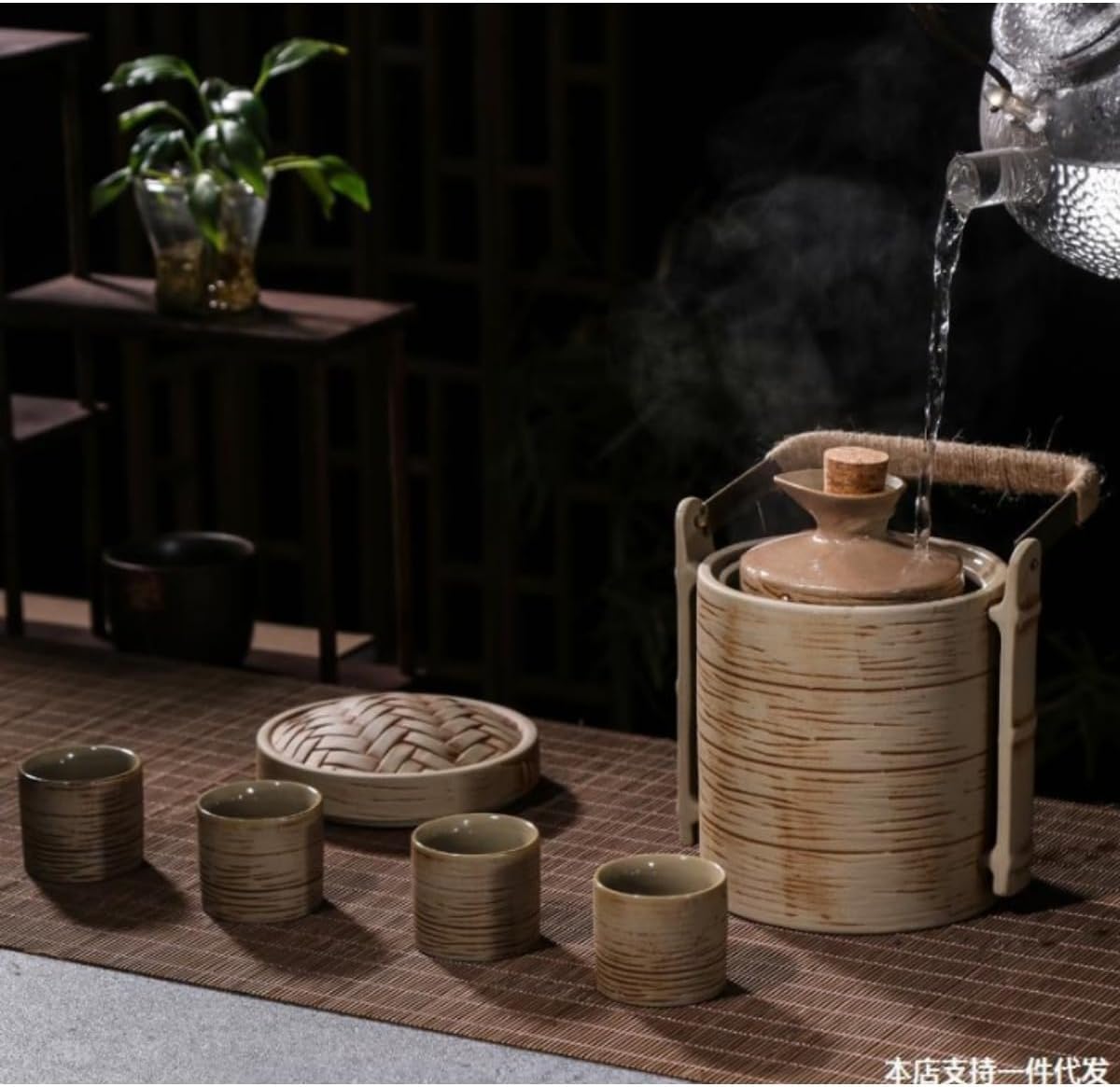 清水焼 平安壱楽 赤濃牡丹唐草 徳利×2個、お猪口×5個 清水焼 平安壱楽