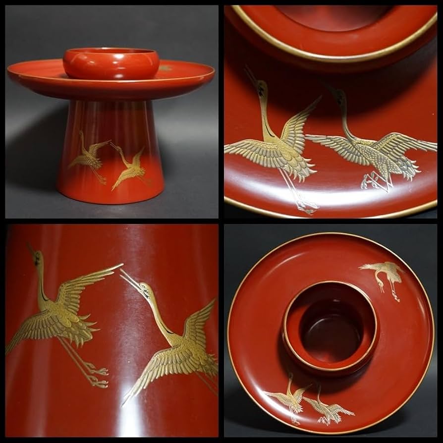 Amazon.co.jp: 明治期輪島塗極上金蒔絵『飛鶴』盃台三ツ組盃揃木製漆