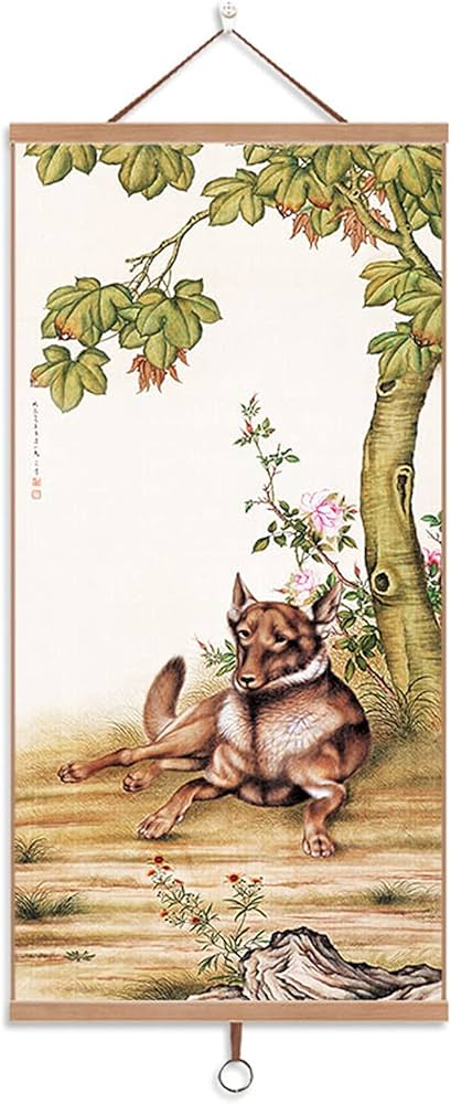 Amazon.co.jp: 掛け軸【犬の掛け軸】動物画 犬吉祥之図 壁掛け/縁起の