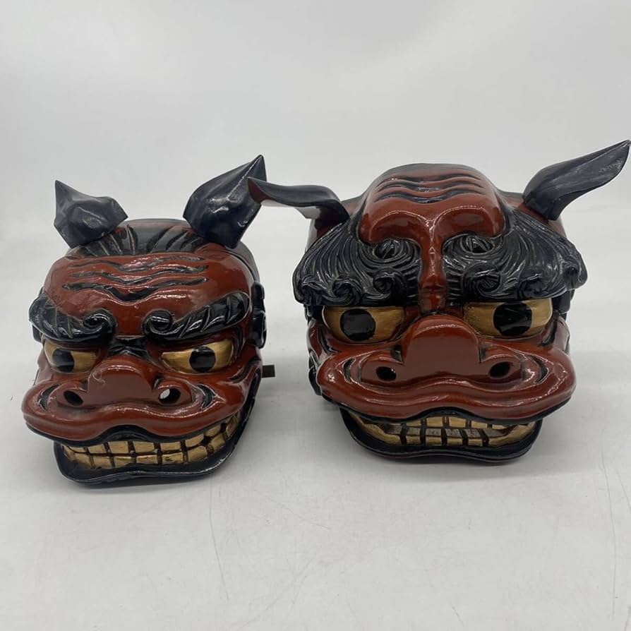 獅子頭 雄雌セット 彫木品 アンティーク 獅子頭】雄雌セット 獅子舞