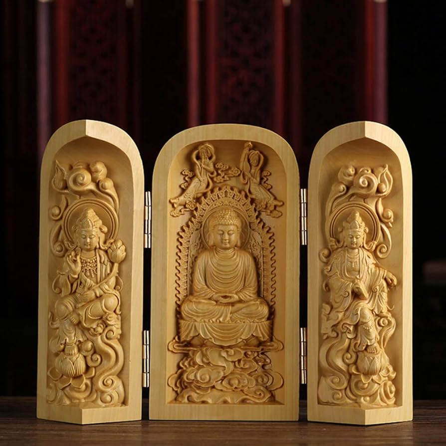 修縁堂】古美術品 木工細工 西方三聖 仏像立像 置物 木彫 仏像 修縁堂