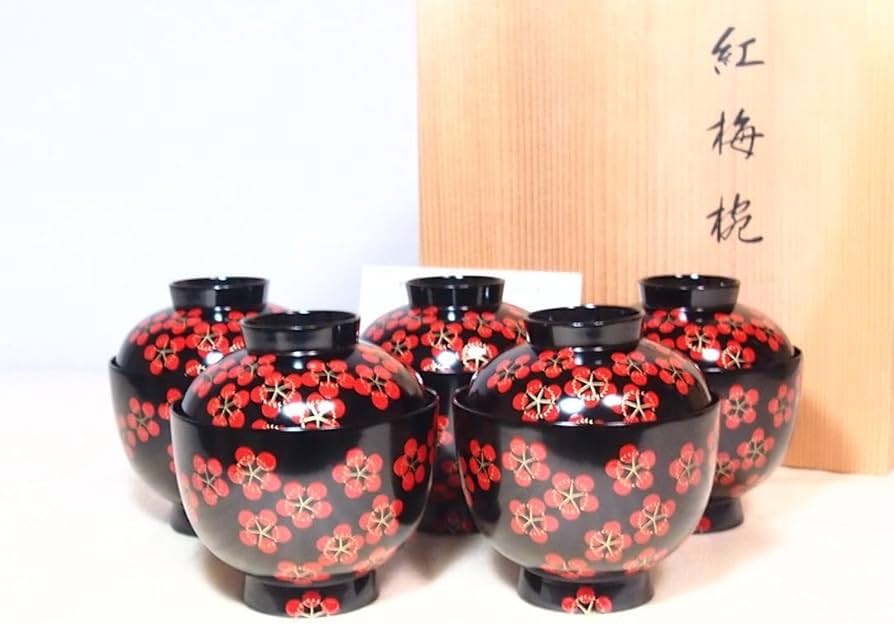 Amazon.co.jp: 京都 平安象彦 紅梅椀 5客 梅蒔絵 小吸物椀汁椀肝吸