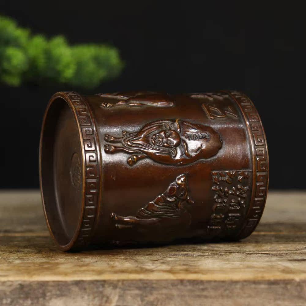 銅製 五牛図文化筆筒 書道具 文房具 筆置 筆入装飾品 工芸品 美術品