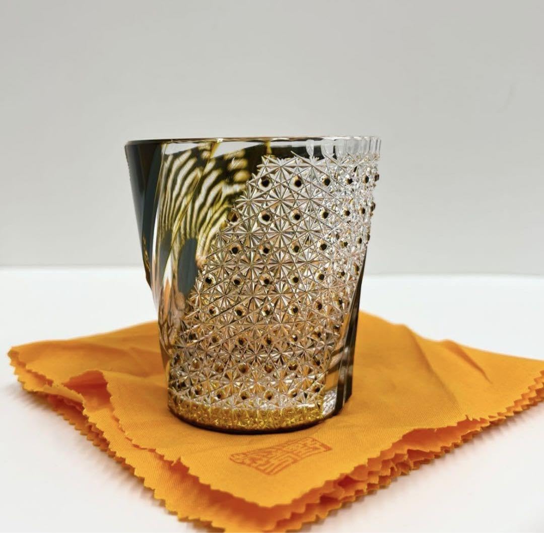 新品但野英芳 江戸切子 『虎』黒・黄ロックグラス サイン薩摩切子 琥珀瑠璃