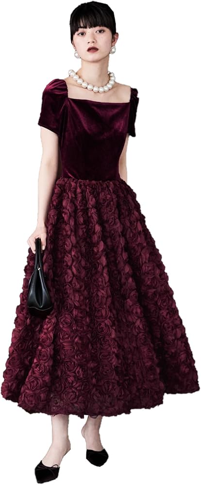 Amazon.co.jp: [etoll] ベロアロゼットフレアドレス ワンピース 半袖