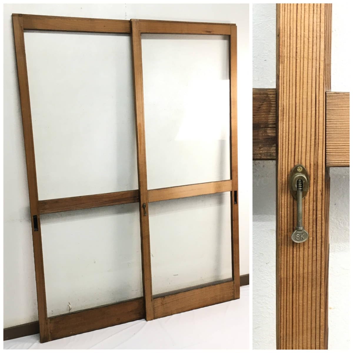 昭和レトロ アンティーク 木枠窓ガラス 木製窓枠 ヴィンテージ 当時
