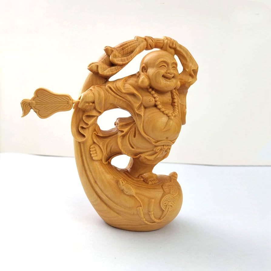 木彫り 縁起布袋 台 木彫りの布袋像 台付き 【公式通販】 木彫り 縁起